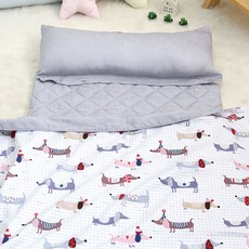 EziBaby 四季可用棉&人造絲雙面材質薄墊+人造絲涼感被+超細纖維冬日被+分離式鋪棉枕芯組, 小狗款