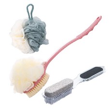 Lovesomeyou 沐浴搓澡用品組 沐浴刷+沐浴球+去角質刷, 粉色（身體刷）、綠色（沐浴球）, 1套