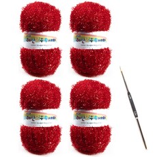 絲光纖維織線80g 4捆+鉤針組, 1套, 02紅色