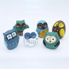 迷你鵝卵石貓頭鷹裝飾品 6件組, 混合色