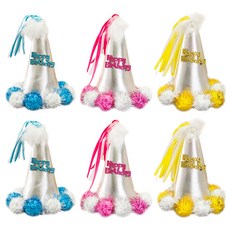 棉花球生日尖頂帽髮箍 3種*2入組, 金色, 藍色, 粉色, 1套