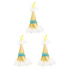 羽毛生日錐形帽髮箍, 金色, 3個
