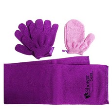 HANSEL 沐浴手套 搓澡巾 浴巾 3件組, 紫色(浴巾, 雙手), 粉紅色(連指手套), 1套