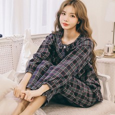 GLAM GONGGAM 女款 Night Night 荷葉邊格紋兩件式長袖睡衣