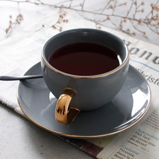 Ecren 24K 金色典雅咖啡杯 1人份組合, 灰藍色, 1套