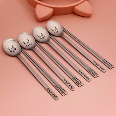 RAONNURI 表情符號 全不鏽鋼餐具 4p組 閃亮 + 呀 + 怒 + 啜泣, 1套, 湯匙 4p + 筷子 4p