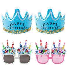 Party Fang LED 生日皇冠藍色 2p+生日蛋糕眼鏡 2 件套, 白色, 粉色, 1套