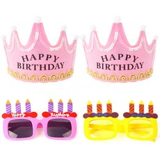 파티팡 LED 생일 왕관 핑크 2p + 생일 촛불 안경 2종 세트, 핑크, 옐로우, 1세트