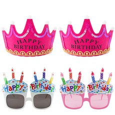 PartyPang LED 生日皇冠 桃紅色 2入 + 生日杯子蛋糕眼鏡 2件組, 白色, 粉紅色, 1套
