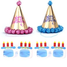 方方棉布泡泡生日球帽金箔粉色+藍色+生日蠟燭眼鏡2p套組, 白色的, 1套
