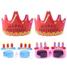 PartyPang LED生日王冠 紅色 2入 + 生日蠟燭眼鏡 2件組, 白色, 粉紅色, 1套