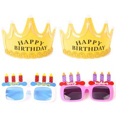 파티팡 LED 생일 왕관 옐로우 2p + 생일 촛불 안경 2종 세트, 화이트, 핑크, 1세트