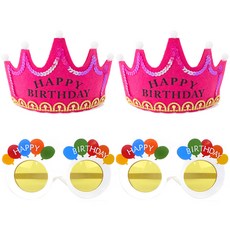 PartyPang LED生日皇冠 桃紅色 2入 + 生日氣球眼鏡 2入 組, 白色, 1套