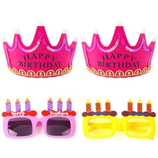 PartyPang LED生日王冠 桃紅色 2入 + 生日蠟燭眼鏡 2件組, 粉紅色, 黃色, 1套
