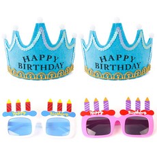 PartyPang LED生日王冠 藍色 2入 + 生日蠟燭眼鏡 2種套組, 白色, 粉紅色, 1套