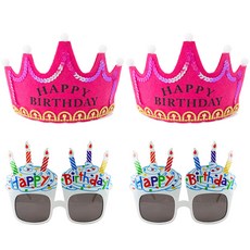 PartyPang LED 生日王冠 桃紅色 2入 + 生日杯子蛋糕眼鏡 2入 套組, 白色, 1套