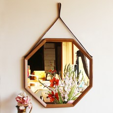 Seoun Art 正八角形現代實木掛繩壁鏡 大, 棕色