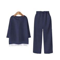 女款假兩件式7分袖T恤+7分褲組