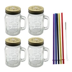 ROYAL BODEN 可插吸管上蓋梅森馬克杯 4入 +壓克力吸管 5入 隨機出貨 +吸管清潔刷, 500毫升, 1套