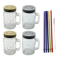 ROYAL BODEN 可插吸管上蓋梅森馬克杯 2入+附蓋梅森馬克杯 2入+壓克力吸管 5入 隨機出貨+吸管清潔刷, 500毫升, 1套