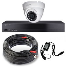 Hanwha Techwin 4 通道 DVR 錄像機 + 大華室內紅外半球攝像機 + 同軸電源綜合電纜 60m 自安裝套件, 記錄儀(HRX-420)+攝像機(HDW-1500M)