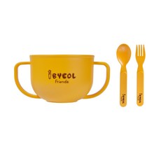 iBYEOL Friends 孩童雙耳水杯+嬰兒勺子+嬰兒叉子, 黃色, 1組