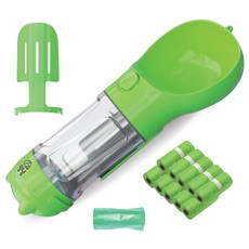 Meongyang 寵物外出一鍵按壓式水瓶+撿便替換袋 200枚+撿便替換袋 隨機出貨15枚, 綠色, 1套