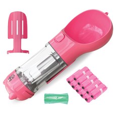 Meongyang 寵物外出一鍵按壓式水瓶+撿便替換袋 200枚+撿便替換袋 隨機出貨15枚, 粉色的, 1套