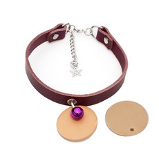 Misopet 皮革可愛寵物項圈 + 象牙白姓名牌 + 隨機出貨 + 鈴鐺隨機出貨, 酒紅色