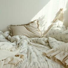 Mariangel 莊園野花莫代爾棉春秋換季薄被+枕頭套組, 米色 花朵圖案 淺米色