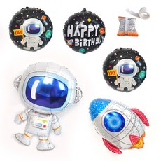 은박풍선 우주로켓 + 우주인 + 우주인생일 45cm 3p 세트 + 글루닷, 혼합색상, 1세트