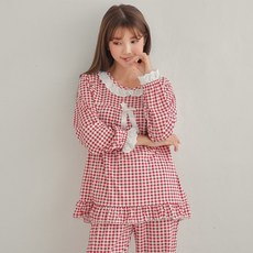 CocoDream 女款格紋長袖蕾絲睡衣上下套裝 YGB777-2