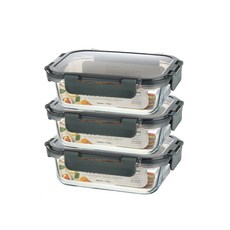 耐熱玻璃長方形密封保鮮盒, 3個, 640ml