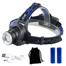엘마운틴 LED 헤드랜턴 T6 + 배터리 2p + 파우치 + 충전케이블 세트, 블랙, 1세트