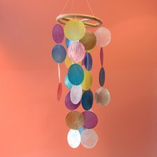 Moico 峇里島貝殼藤編圓形單層吊飾 + 天花板掛勾, 彩虹