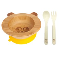 little Franc 熊貓圖案竹製餐碗+玉米湯匙+玉米叉子, 黃色