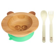 little Franc 熊貓圖案竹製餐碗+玉米湯匙+玉米叉子, 綠色
