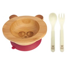 little Franc 熊貓圖案竹製餐碗+玉米湯匙+玉米叉子, 紅色