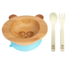 little Franc 熊貓圖案竹製餐碗+玉米湯匙+玉米叉子, 藍色