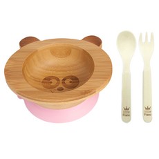 little Franc 熊貓圖案竹製餐碗+玉米湯匙+玉米叉子, 粉色