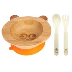 little Franc 熊貓圖案竹製餐碗+玉米湯匙+玉米叉子, 橘色