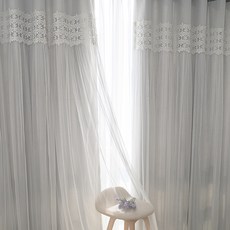 Nouveau Deco 雙層刺繡花卉窗簾 2片 + 窗簾綁帶 + 掛鉤, 灰色