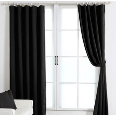 棉質寢具長窗掛鉤式遮光窗簾, 黑色