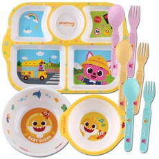 핑크퐁 손잡이 사각 식판 5구 + 아기상어 손잡이 이유볼 + 다용도볼 + 스푼 3종 + 포크 3종 세트, 혼합색상, 9종, 1개
