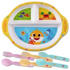 aizoum BABY SHARK雙耳3格餐盤+湯匙 3入+叉子 3入, 混色, 餐盤+湯匙 3入+叉子 3入