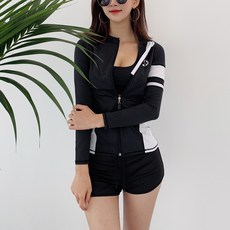 TUBE TREE 女款黑白拼色雙線拉鍊防曬泳衣