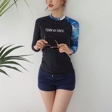 TUBE TREE 女款花紋圖案單邊插肩長袖泳衣