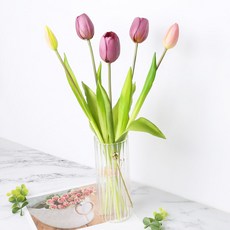 Lead home 芒果鬱金香人造花5朵玻璃花瓶組, 紫色, 1套