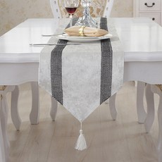 I Love Home 石紋流蘇奢華餐桌旗, 白色, 33 x 210 cm