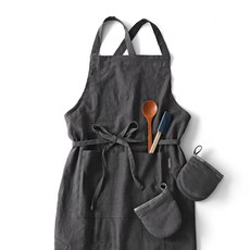 Houmming 亞麻圍裙+隔熱手套2入組, 炭灰色, 1套